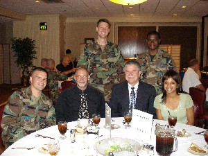 (l to r) 2Lt Christopher Lochridge, USAF, Base Level Systems Flight Commander, 752nd Communications Squadron; Capt Matthew Ligon, USAF, Airfield Systems Flight Commander, 34th Combat Communications Squadron; 2LT Andrew Terry, USAF, Squadron Engineer, 34th Combat Communications Squadron, visit during the August chapter luncheon.  